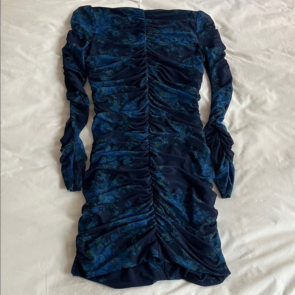 GANNI Sky Captain Blue Floral Long Sleeve Ruched Stretch Mesh Dress NWT EU38 USM - Picture 3 of 4